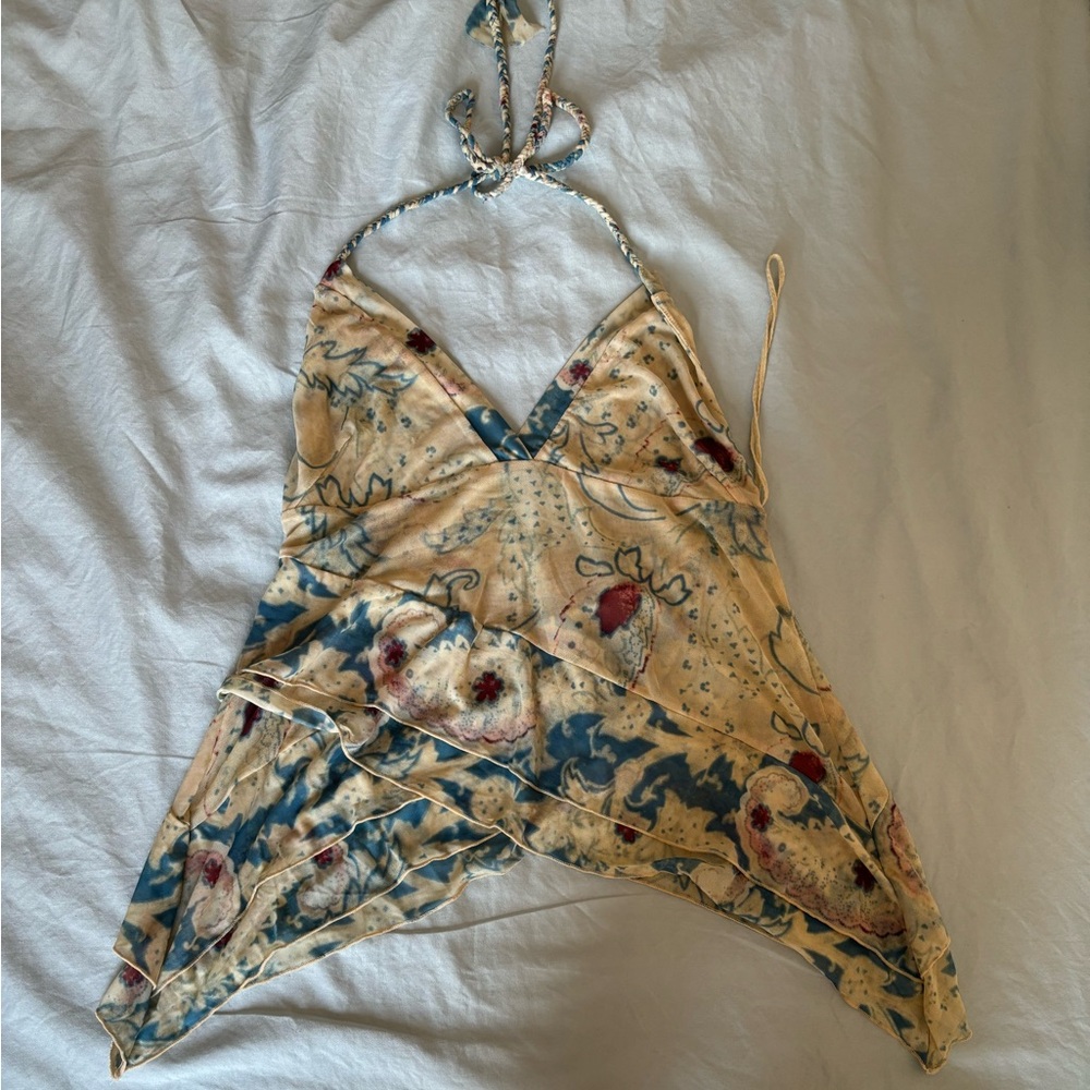 Free People Floral Cream and Blue Halter Camisole